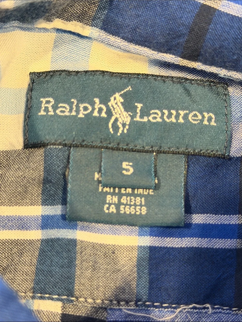 Ralph Lauren Boys Blue & White Plaid Short Sleeve Button-Down Shirt Size 5